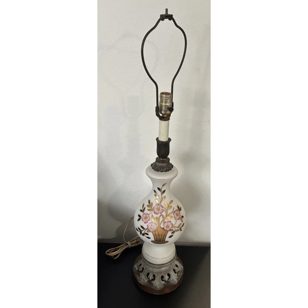 Antique West Germany Satin Glass Lamp Hand Painted Floral‎